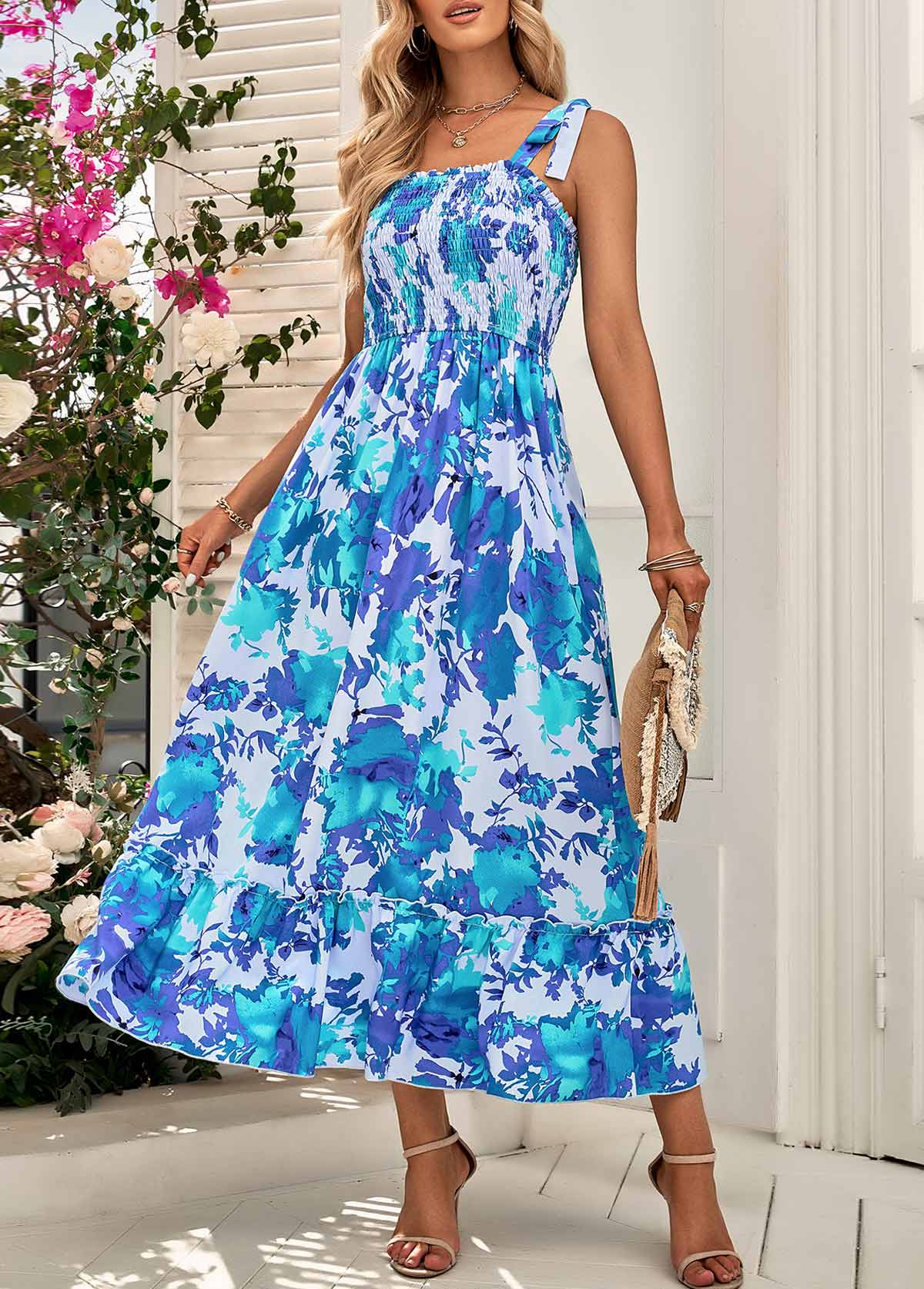 Sky Blue Smocked Floral Print Strappy Maxi Dress