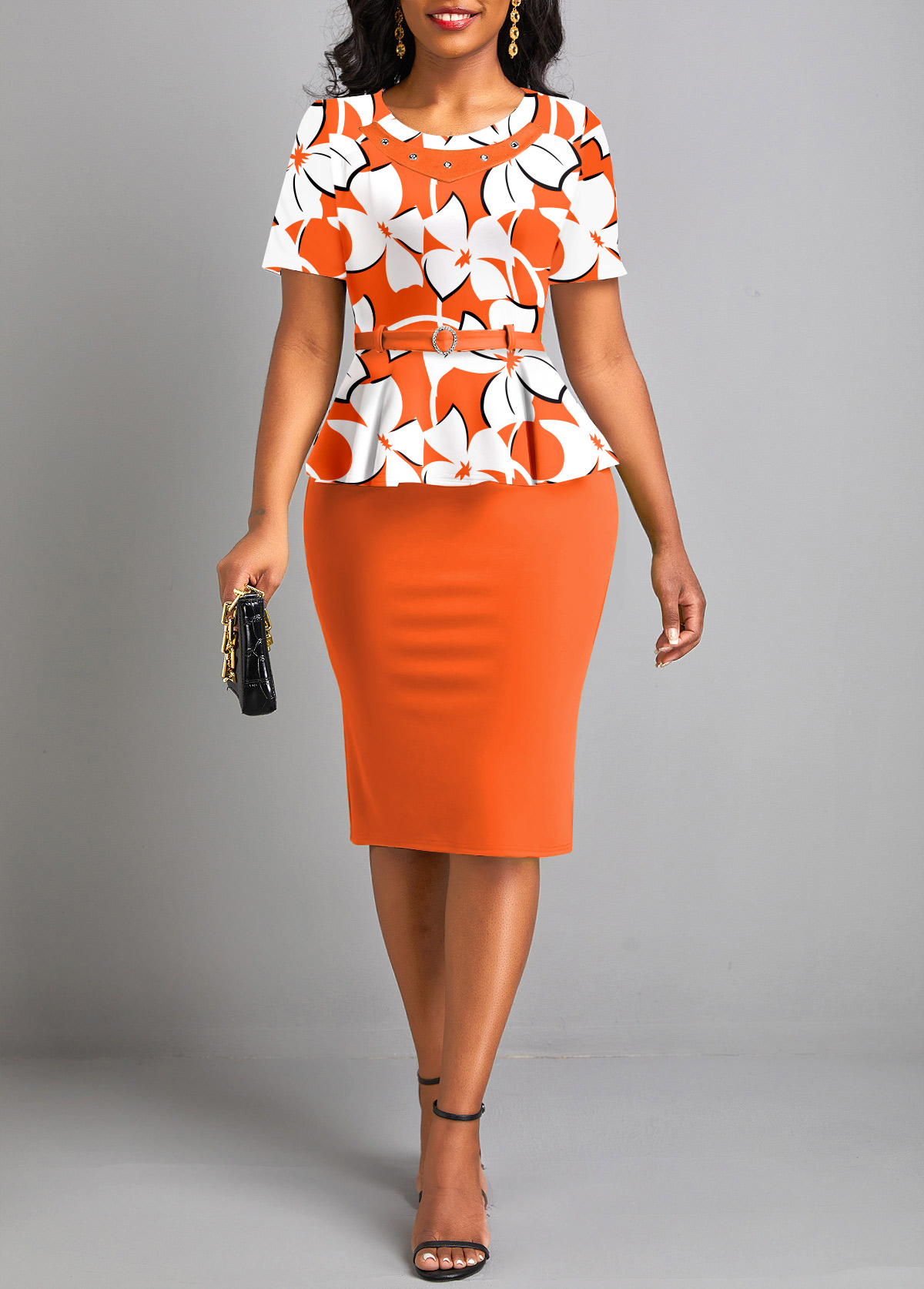 Orange Fake 2in1 Floral Print Belted Bodycon Dress