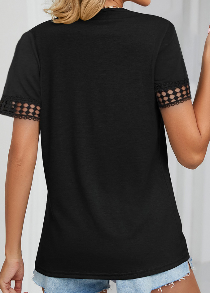 Black Patchwork Short Sleeve V Neck T Shirt