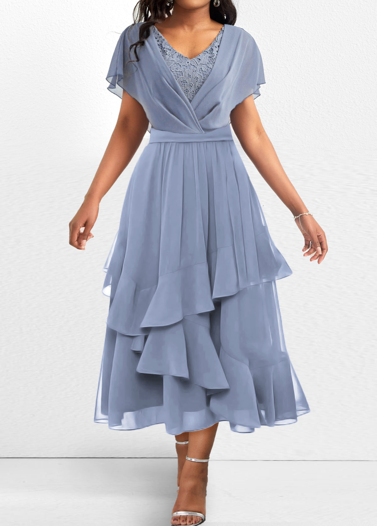 Dusty Blue Asymmetry Short Sleeve V Neck Dress