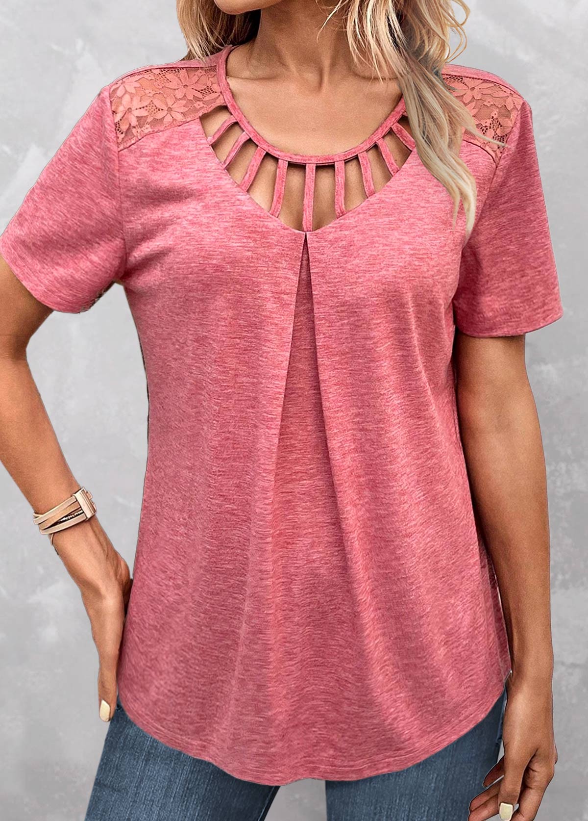 Peach Red Cage Neck Short Sleeve T Shirt