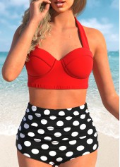 Halter Neck Polka Dot Print High Waist Bikini Set