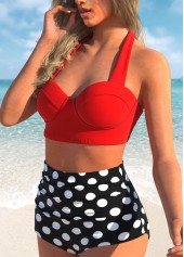 Halter Neck Polka Dot Print High Waist Bikini Set | thumb picture 