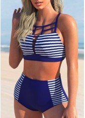 Stripe Print Navy Blue Cross Strap Bikini Set