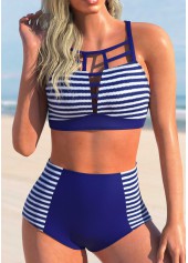 Stripe Print Navy Blue Cross Strap Bikini Set