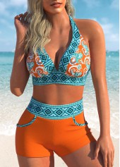 High Waisted Tribal Print Orange Swim Shorts