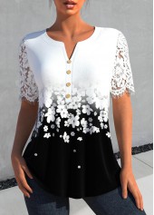 White Lace Floral Print Short Sleeve Split Neck Blouse