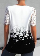 White Lace Floral Print Short Sleeve Split Neck Blouse | thumb picture 