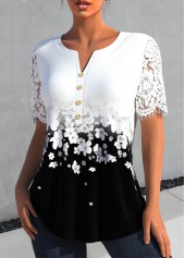 White Lace Floral Print Short Sleeve Split Neck Blouse | thumb picture 