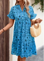 Button Detail Neon Blue Frill Floral Print Dress | thumb picture 