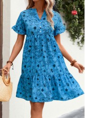 Button Detail Neon Blue Frill Floral Print Dress | thumb picture 