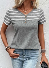 Grey Button Striped Short Sleeve T Shirt | thumb picture 