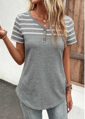 Grey Button Striped Short Sleeve T Shirt | thumb picture 