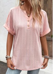 Dusty Pink Button Short Sleeve Split Neck Blouse | thumb picture 
