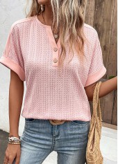 Dusty Pink Button Short Sleeve Split Neck Blouse | thumb picture 