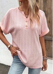 Dusty Pink Button Short Sleeve Split Neck Blouse