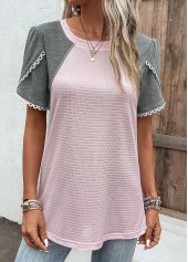 Pink Patchwork Short Sleeve Round Neck T Shirt