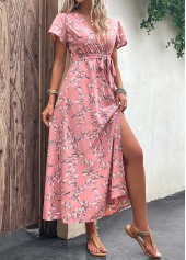 Pink Split Leaf Print Belted Maxi Dress