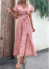 Pink Split Leaf Print Belted Maxi Dress | thumb picture 