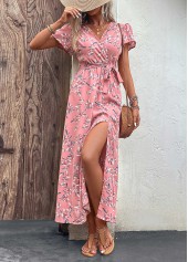 Pink Split Leaf Print Belted Maxi Dress | thumb picture 