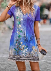 Purple Lightweight Floral Print Short V Neck Dress | thumb picture 