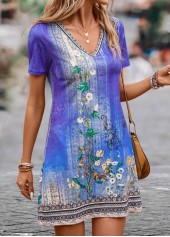 Purple Lightweight Floral Print Short V Neck Dress | thumb picture 