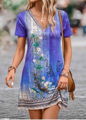 Purple Lightweight Floral Print Short V Neck Dress