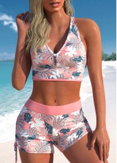 Pink Criss Cross Mid Waisted Floral Print Tankini Set | thumb picture 