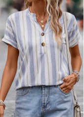 Multi Color Button Striped Short Sleeve Blouse