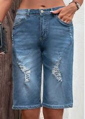 Dark Blue Hole Button Fly Denim Shorts | thumb picture 