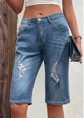 Dark Blue Hole Button Fly Denim Shorts