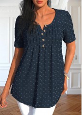 Navy Tuck Stitch Short Sleeve Split Neck Blouse
