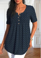 Navy Tuck Stitch Short Sleeve Split Neck Blouse