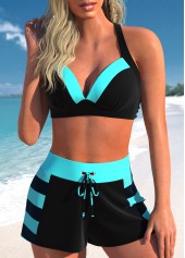 Patchwork High Waisted Striped Black Bikini Set