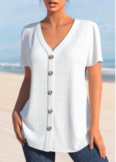 White Button Short Sleeve V Neck Blouse