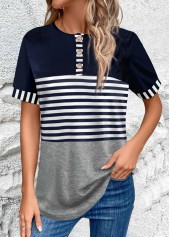 Navy Button Striped Short Sleeve T Shirt