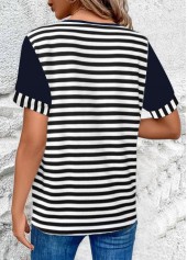 Navy Button Striped Short Sleeve T Shirt