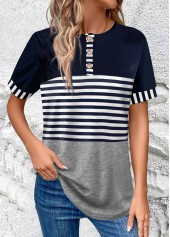 Navy Button Striped Short Sleeve T Shirt