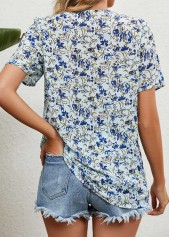 Light Blue Patchwork Floral Print Short Sleeve Blouse