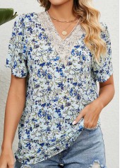 Light Blue Patchwork Floral Print Short Sleeve Blouse