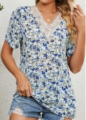 Light Blue Patchwork Floral Print Short Sleeve Blouse