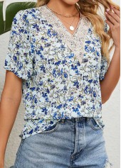 Light Blue Patchwork Floral Print Short Sleeve Blouse