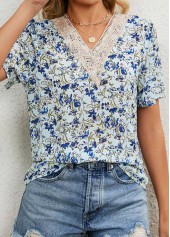 Light Blue Patchwork Floral Print Short Sleeve Blouse