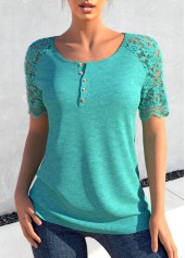 Turquoise Lace Short Sleeve Round Neck T Shirt