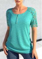 Turquoise Lace Short Sleeve Round Neck T Shirt | thumb picture 