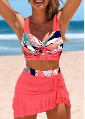 Drawstring Mid Waisted Geometric Print Coral Bikini Set | thumb picture 