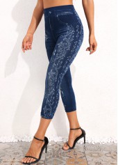 Denim Blue Floral Print High Waisted Leggings | thumb picture 