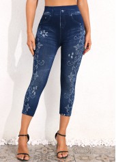 Denim Blue Floral Print High Waisted Leggings