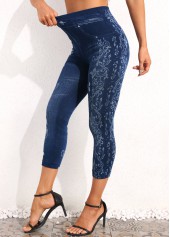 Denim Blue Floral Print High Waisted Leggings | thumb picture 