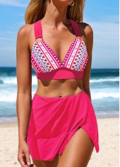 Hot Pink Circular Ring Mid Waisted Geometric Print Bikini Set